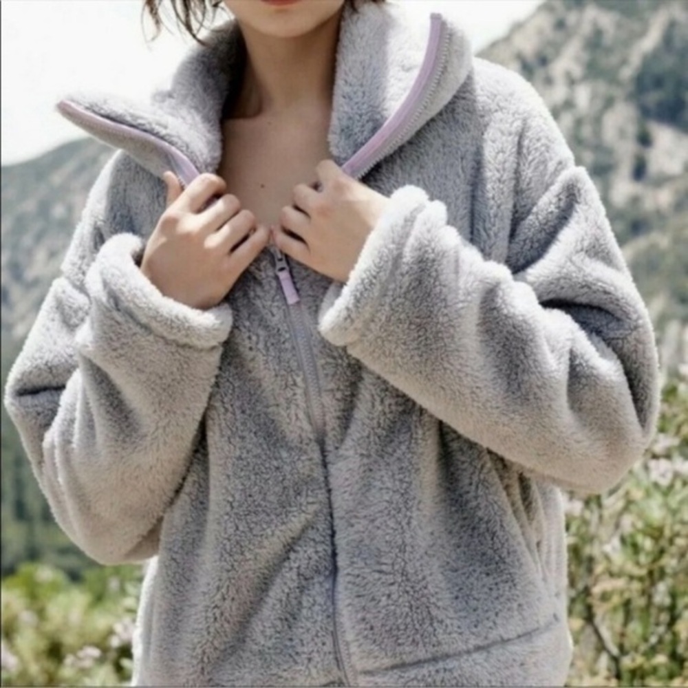 Free People Dazed Hi Neck Fleece Jacket Gray oversized Small
